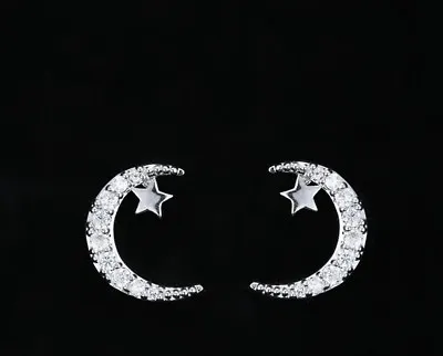 Fashion Girl / Women 925 Sterling Silver Cubic Zircon Moon And Star Stud Earring • $11.99