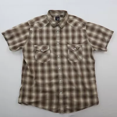 J Ferrar Mens Pearl Snap Shirt Size XL Short Sleeve Western Brown Plaid Cotton • $9.74