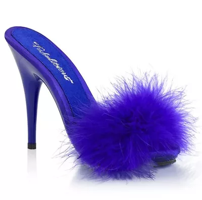 Sexy 5  High Heel Platform Blue Marabou Fur Sandals Mules Shoes POISE501F Size 9 • £47.29