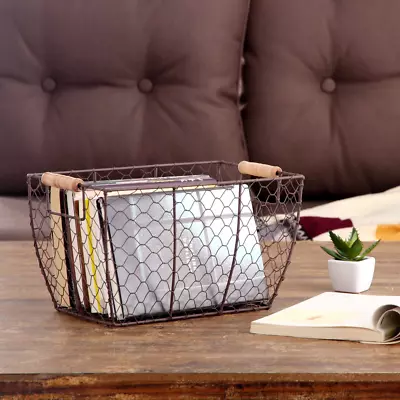 Wire Storage Basket With Wood Handles Portable Container Tabletop Display Decor • $13.81