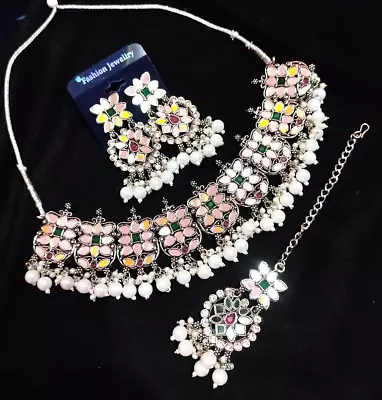 $18.69 • Buy Indian Bollywood Silver Plated Choker Mirror Bridal Necklace Earring Jewelry Set