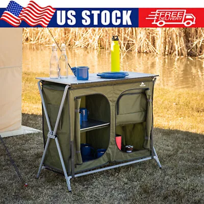 Portable Camping Table Outdoor Kitchen Picnic With 2 Shelf Storage Cupboard NEW • $88.26