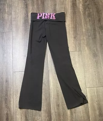 PINK Victoria Secret Y2K Yoga Pants Size S Black Pants W/Sequence Pink Lettering • $34.99