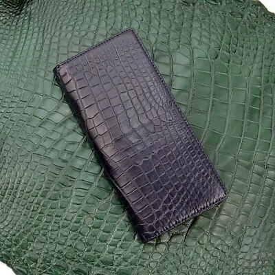 Double Side Handmade Dark Blue Leather Crocodile Multi-Card Long Bifold Wallet • $159.69