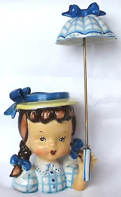 Vintage Napco? Semco Japan Blue Girl Parasol Umbrella Head Vase Planter Figurine • $34.50