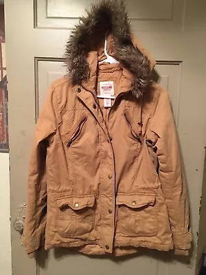 MOSSIMO SUPPLY Womans S Coat Fur Trim Hood GRUNGE BOHO Zip Front Pockets Tan • $12.99