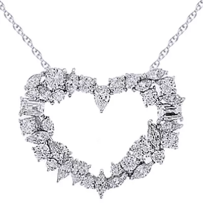 Open Heart Pendant Necklace 18  Simulated Diamond 14K White Gold Plated Silver • $339.10