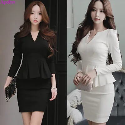 Korean Women V-neck Slim Peplum Ruffle Flare Bodycon Mini Business Work Dress • $23.65