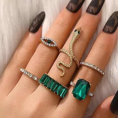 6 Pcs Gold Boho Stack Plain Above Knuckle Ring Snake Emerald Green Rings Set • £5.99