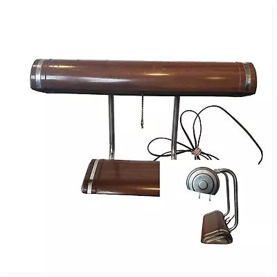 Vintage MCM Retro 60s 70s Metal Faux Wood Chrome Bank Desk Lamp Brown Pull Cord • $99.99
