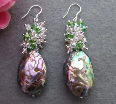 Rainbow Abalone Shell Multi Color Crystal Earrings-925 Silver Hook • $11.40