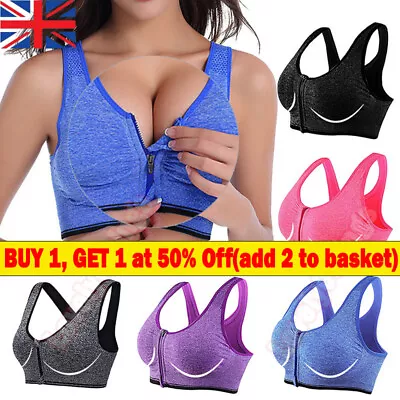 Womens Wireless Padded Sport Yoga Bra Front Zip  Cami Push Up Vest Support Tops✰ • £6.79