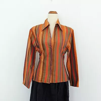 Size Au 10 M Maggie Shepherd Silk Blouse Vintage Orange Stripe Taffeta Jacket • $45.67