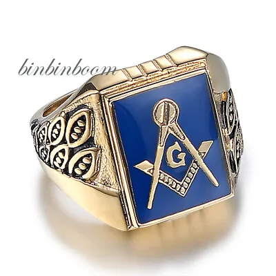 Vintage Men's Masonic Enamel Signet Ring Stainless Steel Gold Blue Size 8-15 • $13.96