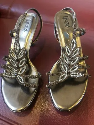 Womens Bronze High Heels Sandals Diamante Open Toe 3.5 Inches Heel Unze Size 36 • £25