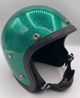 VINTAGE 60s 70s Green Metal Flake Glitter GO-KART / MOTORCYCLE HELMET  - Small • $65