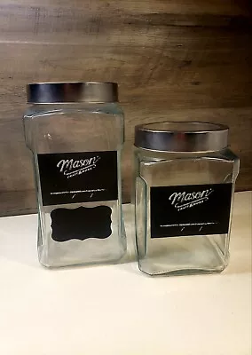 Set Of 2 Mason Craft & More Clear Glass Canisters With Metal Lid And Chalk Label • $16