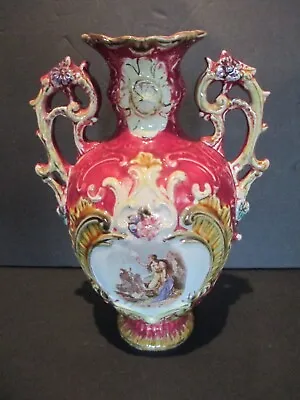 Nice Vintage Antique Art Nouveau Porcelain Vase With Handles Maroon         D32 • $20