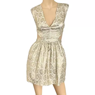 Cocktail Mini Dress Cutout Waist Cream Gold Brocade V Neck Size Medium • $14.76