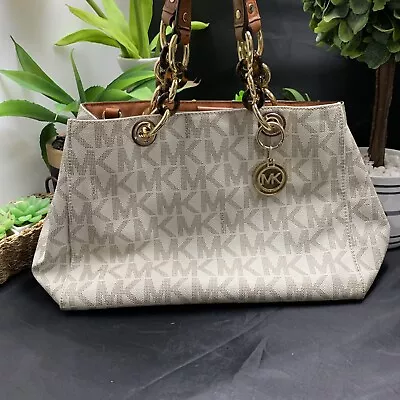 Michael Kors White Monogram Gold Chain Cynthia Tote Shoulder Bag (032182) • $23