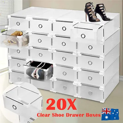 $38.99 • Buy 20Pcs Clear Drawer Shoe Storage Boxes Stackable Container Organizer Cabinet Rack