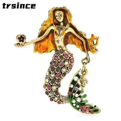 Vintage Taking Cell Mermaid Brooches For Women Rhinestone Enamel Pins Gifts • $6.19