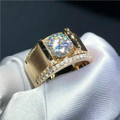 Yellow Gold Plated 2Ct Round Simulated Diamond Solitaire Engagement Men's Ring • $112.49