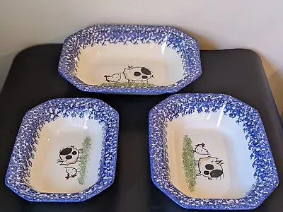 Molly Dallas Blue Spatterware Nesting Serving Bowls Pig & Chicken Set Of 3 NWOB • $39.99