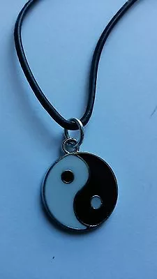 Yin Yang Charm  On Black  Pu Leather Cord Sliding Knot Adjustable Necklace • £4.69