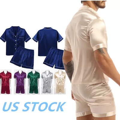 US Men Satin Pajamas Set Silk Short Sleeves Top And Shorts Nightwear Sleepwear • $18.32