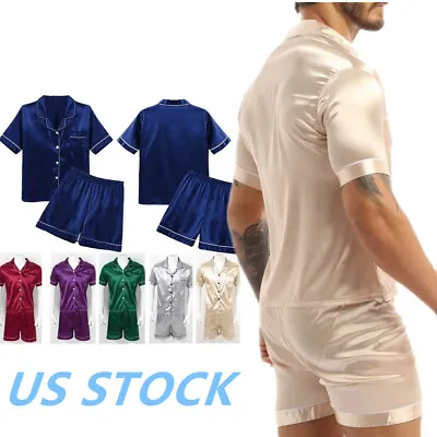 US Mens Silk Satin Pajamas Set Short Sleeves Button Tops And Shorts Sleepwear • $19.99