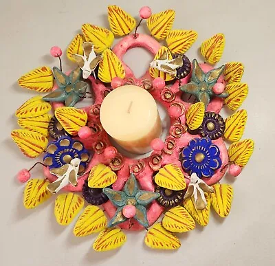 VTG Mexican Folk Art Tree Of Life Pottery Candle Holder Ring Tabletop HandPaintd • $75.50