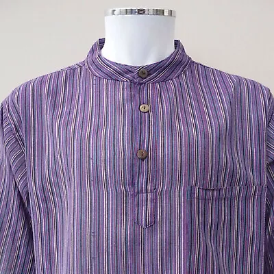 Hippy Casual Unisex Collarless GRANDAD SHIRT In PURPLE Stripe -Classic Boho Chic • £14.99