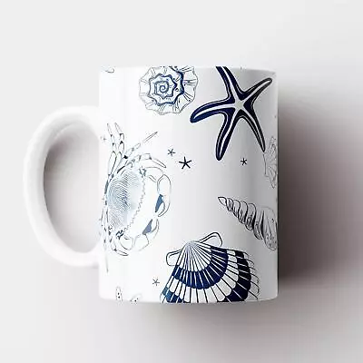 Ceramic Mug Sea Shells Beach Seaside Nautical Costal Gift Blue & White 11 Floz • £9.97