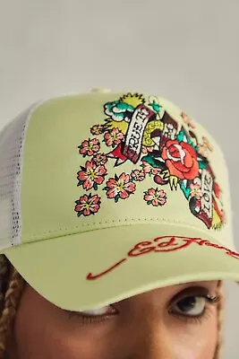 Ed Hardy Snapback Cap Flora Twill Front Mesh Trucker Yellow / White One Size • £18.99