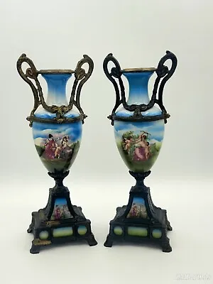 $214.99 • Buy Pair Of Antique Porcelain French Vase W Hand Painted Cherubs Brass Gildings 11 