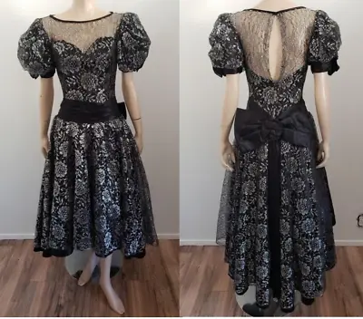 Vtg 80s Formal Gown Black & Silver Lace Evening Dress Big Bow Puff Sleeve Sz XS • $60