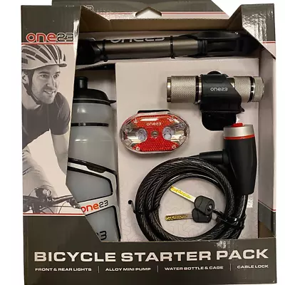 ONE23 Bike Starter Pack Front Rear Lights Alloy Mini Pump Water Bottle Cage Lock • £12.95