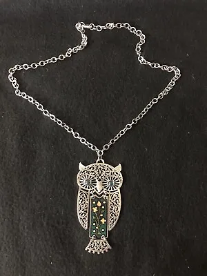 Vintage RETRO Silver Plate Cloisonne Articulated OWL Pendant Necklace 26  Chain • $14.99