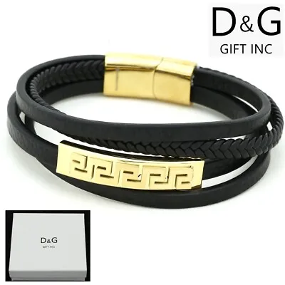 DG Men'sStainless Steel 8  Leather Magnetic Greek Key Bracelet Gold Plated BOX • $18.99