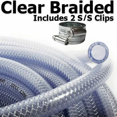 PVC HOSE Clear Flexible Reinforced Braided Food Grade WATER Tube Pipe + 2 CLIPS • £0.99