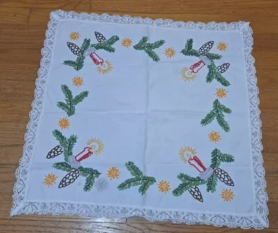 Vintage Christmas Embroidered Tablecloth Crewel 23  Cottagecore Candle Pine • $24.99