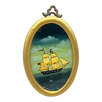 Antique Reverse Painting Of Ship At Sea Oval Frame Nautical Frigate Galleon Gilt • £122.28