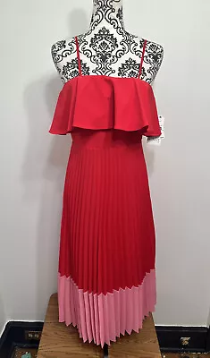 Aidan Mattox Red Pink Colorblock Strapless Popover Pleated Crepe Dress Size 0 • $50