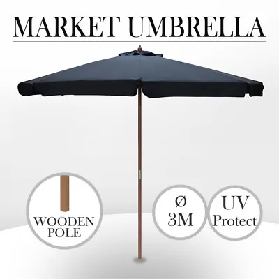 $71.20 • Buy 3m Wooden Pole Umbrella Outdoor Patio Deck Market Garden Wood Shade Cafe Black