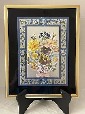 Vintage Tinsel Foil Floral Art In A Basket Blue Border Professionally Framed • $24.99
