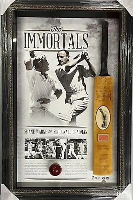 SHANE WARNE & DON BRADMAN SIGNED Ball & Cricket Bat The IMMORTALS FRAMED COA • $2995