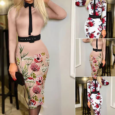 Party Dress Skinny Floral Print Vintage Neck Cocktail Dress Colorful • $31.59