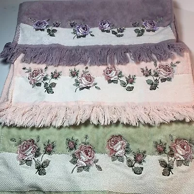 Vintage Embroidered Hand Towels Set Of 3~Victorian Rose~livingQUARTERS~Beautiful • $14.95