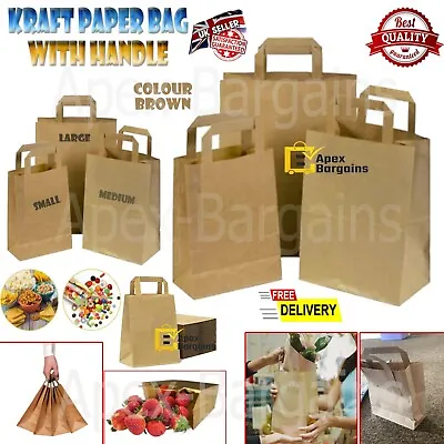 S/M/L Brown Kraft Paper Food Carrier Bags Lunch Gift Party Takeaway With Handles • £0.99